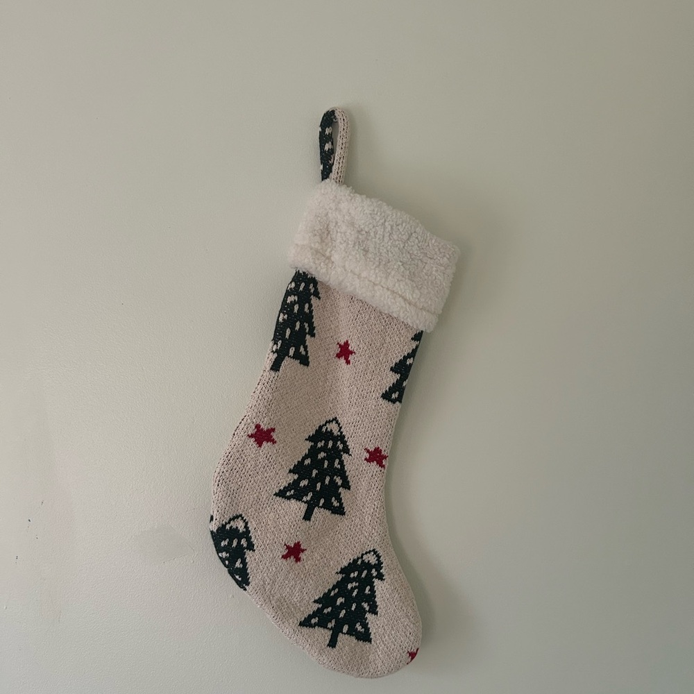 Cream Knit Stocking with Green Trees